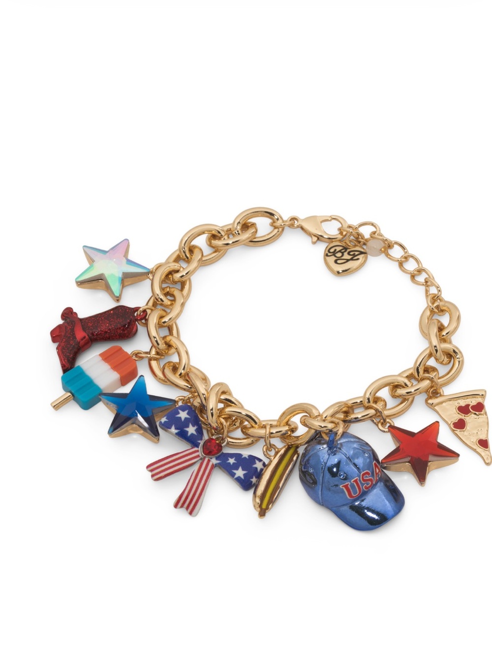 Betsey Johnson Gold Charm Bracelet with Red, Blue, White, and Multicolor Charms